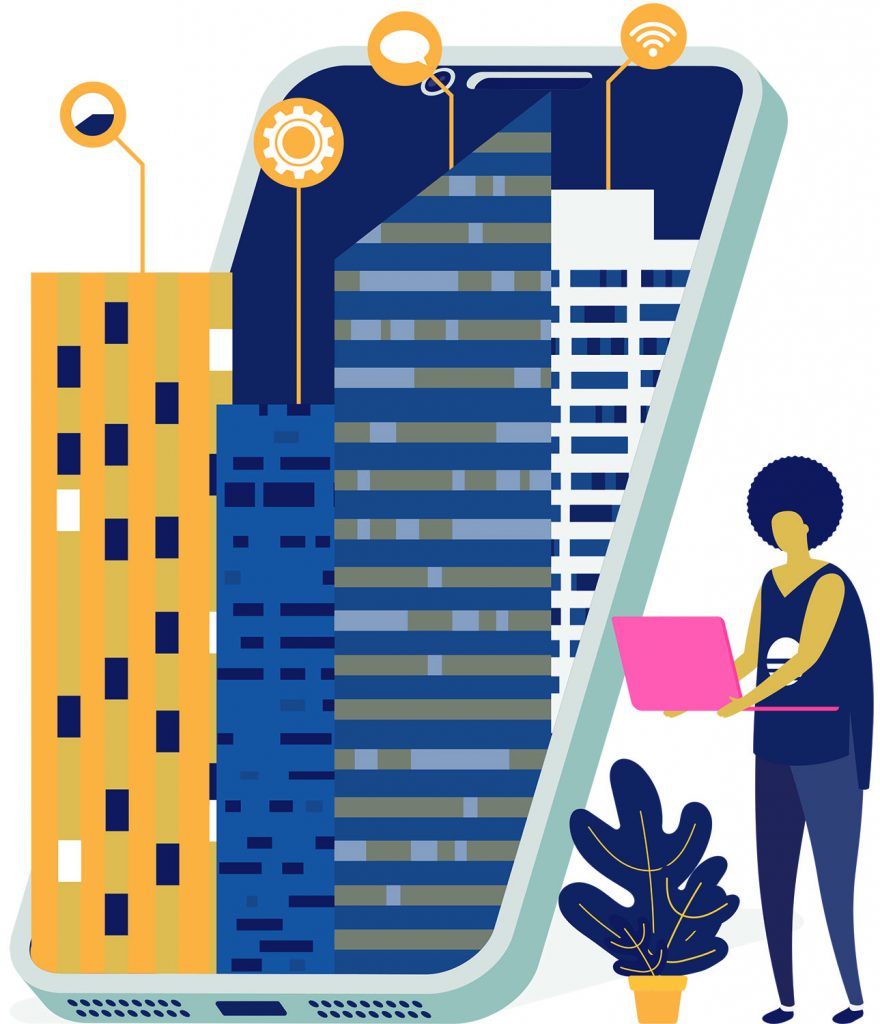 illustration of smart city inside giant phone and woman holding laptop