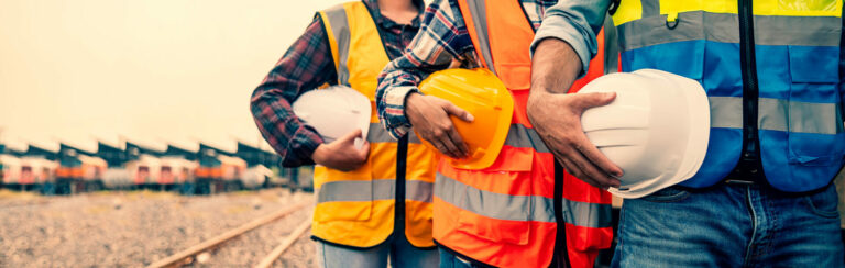 engineers holding helmet standing in row on site work